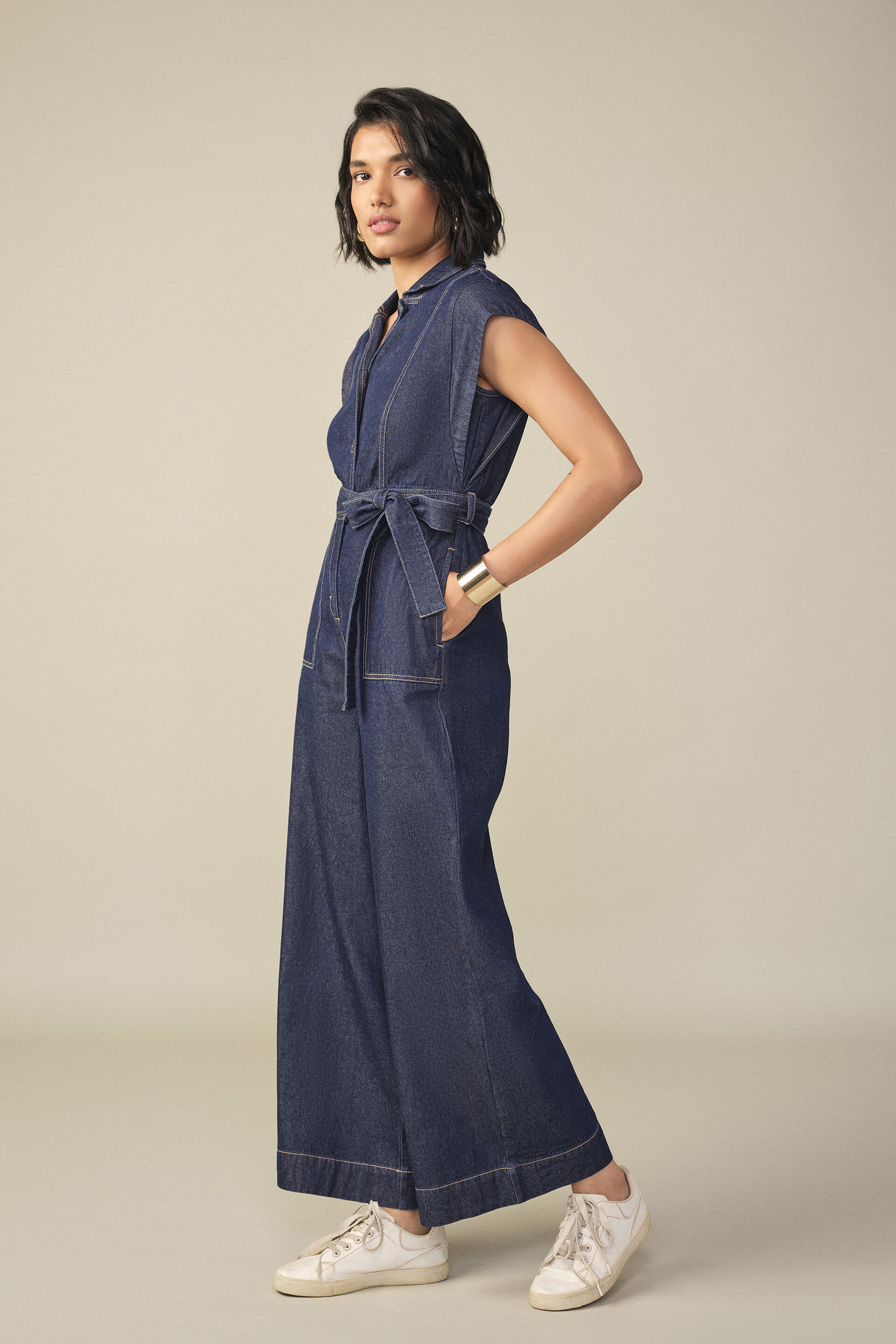 Solid Denim Jumpsuit in Blue, Blue, image 5